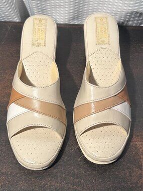 Vintage Non Slip Custom Bottoms Wedge Slide Sandals Neutral Tan Cream Size 9